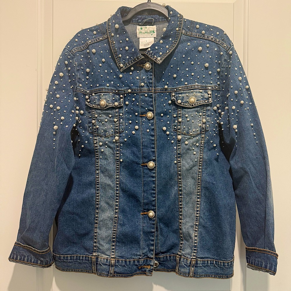 Vintage Pearl Embellished Oversized Denim Jacket